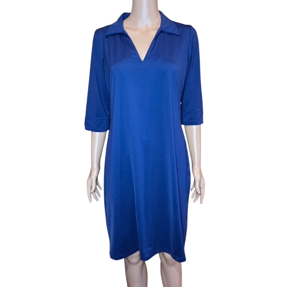 KATHERINE WAY UPF 50 Shift Dress Sz M 3/4 Sleeve V Neck Collar Dark Blue Purple